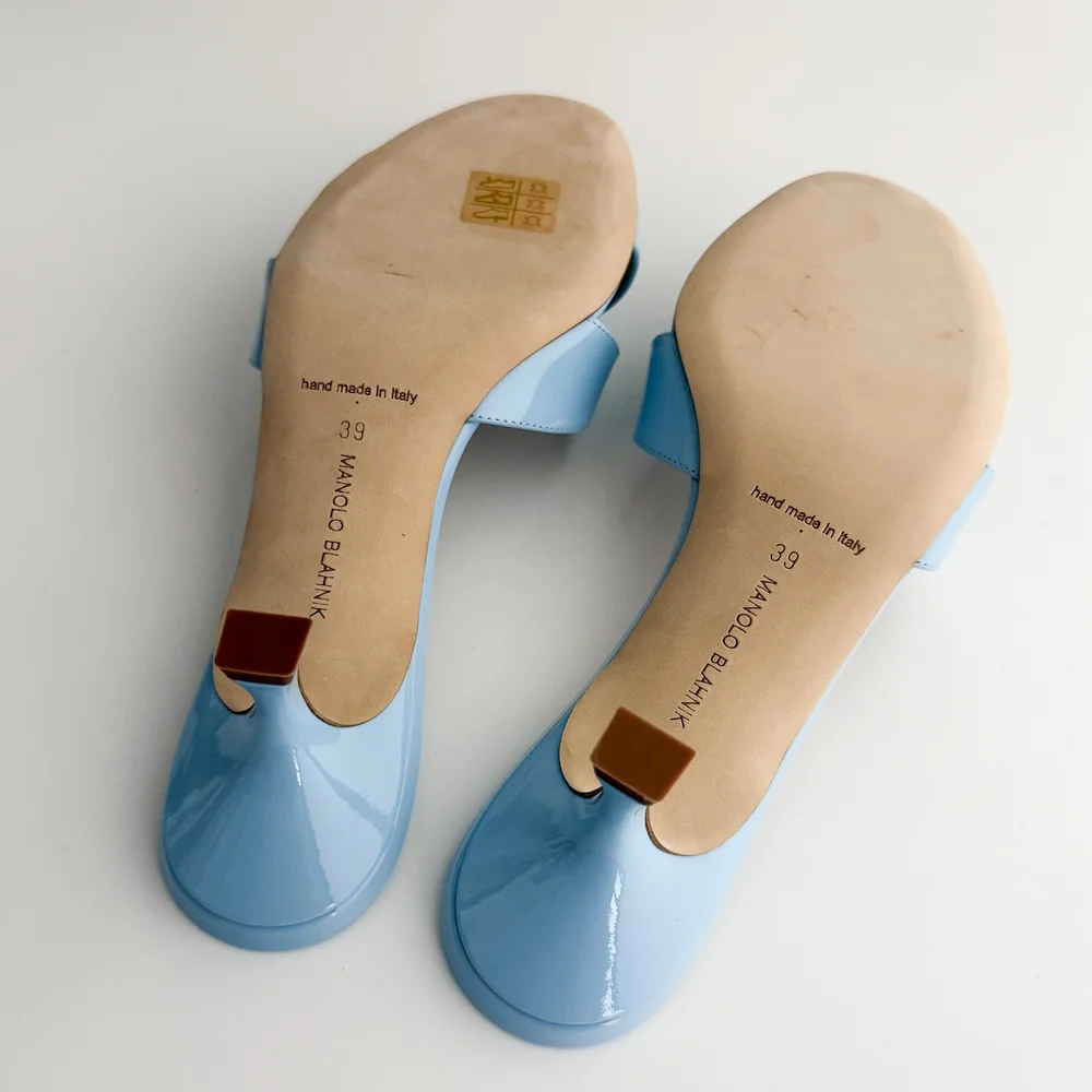 Manolo Blahnik Blue Patent Leather Sandal Heels (US 9 / IT 39